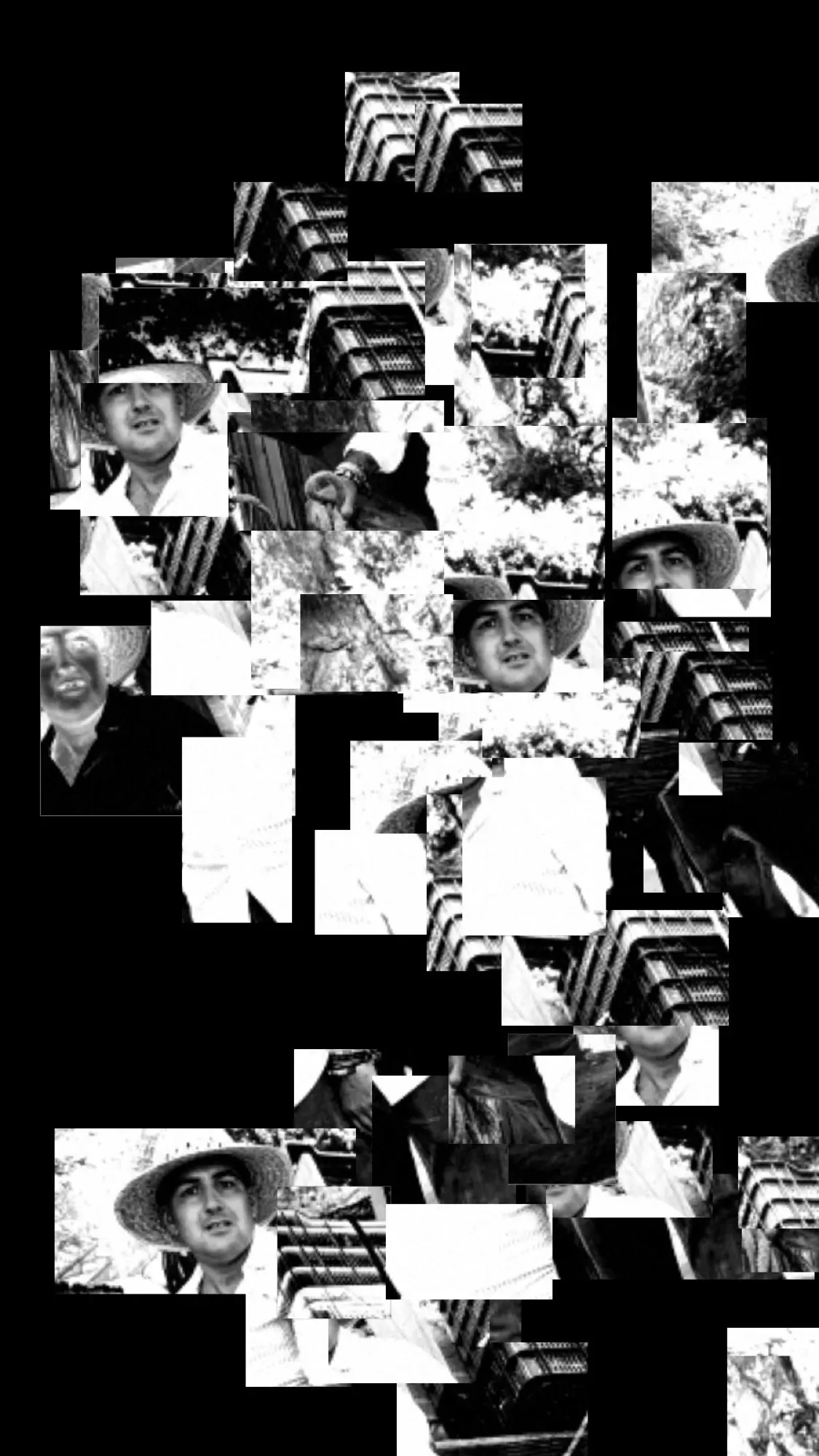 Fragmented black-and-white portrait of two men in straw hats at Noche del Vino